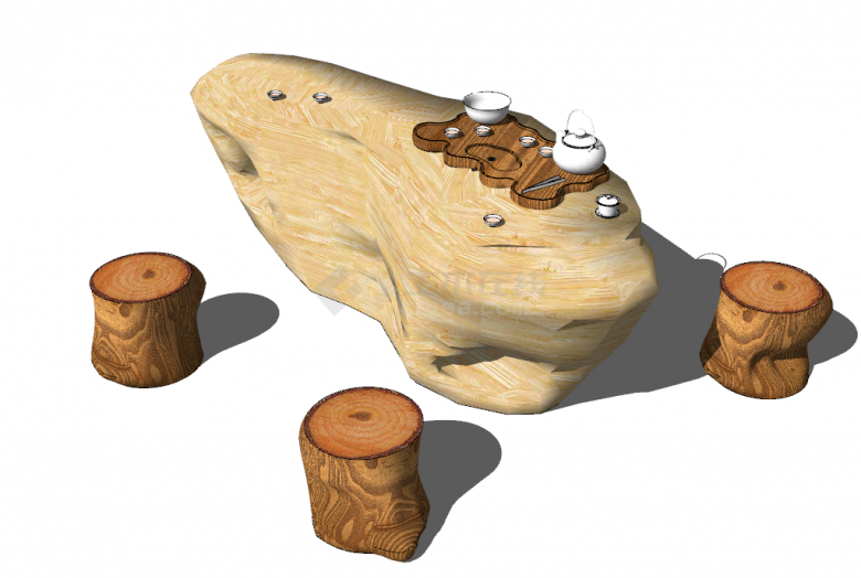 浅色系和深色系搭配的根雕茶桌茶台 su模型-图二