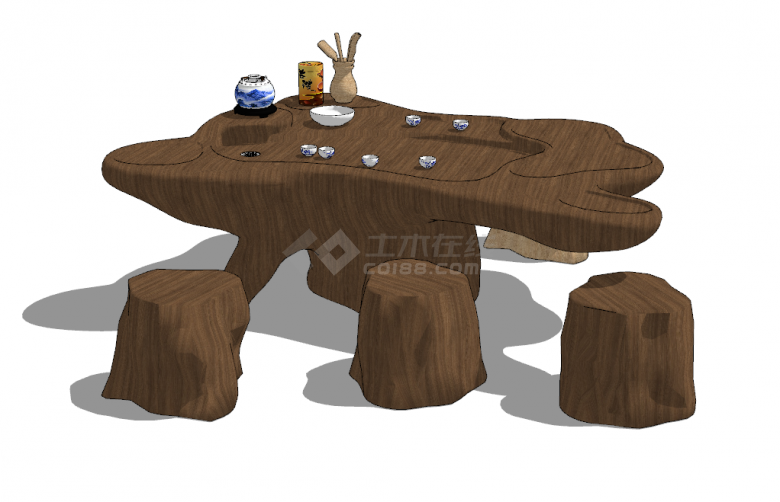 带有深色和浅色凳子的根雕茶桌茶台su模型-图一