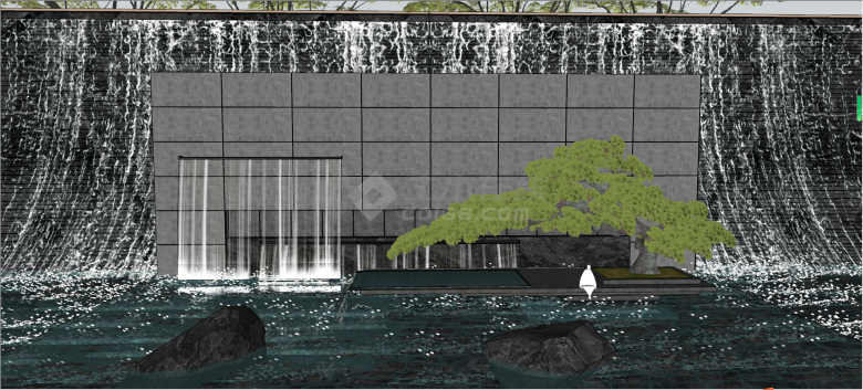 新中式喷水水景墙su模型-图二