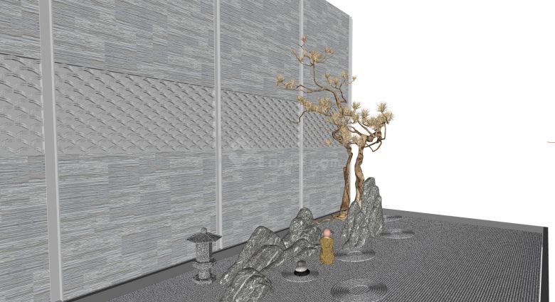 假山小沙弥枯松树室内造景su模型-图二