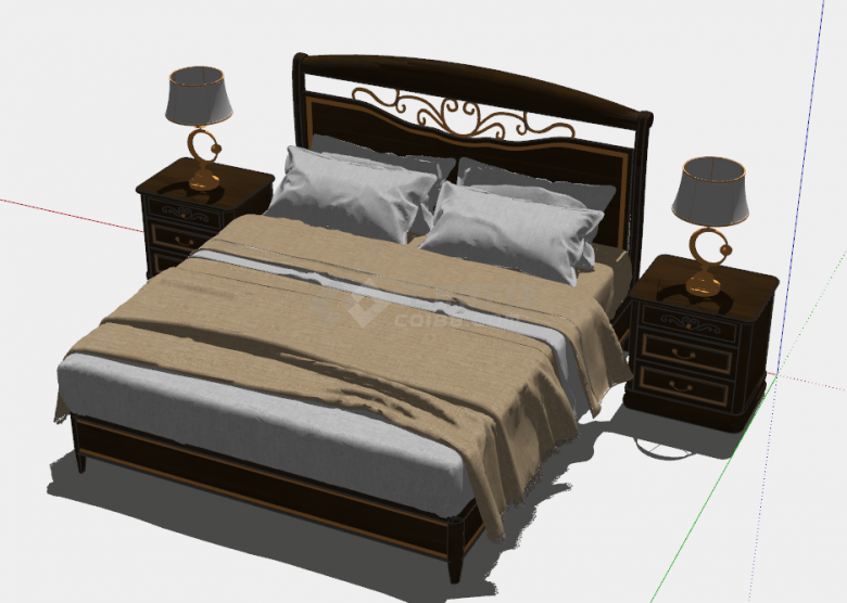 镂空靠背深色带床头柜床头灯的床su模型-图一