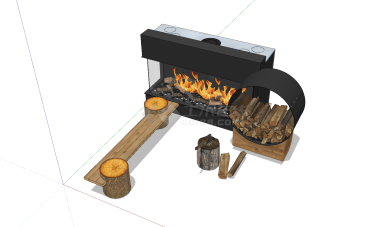 杉木桩斧子生火炉su模型-图一