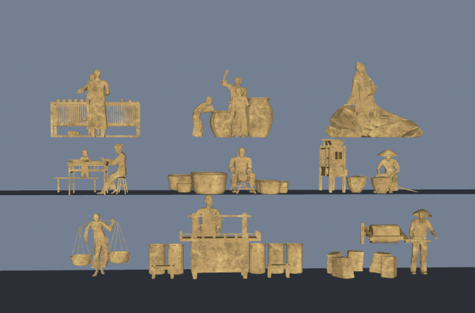 古代人民日常铜人雕塑组合su模型_图1