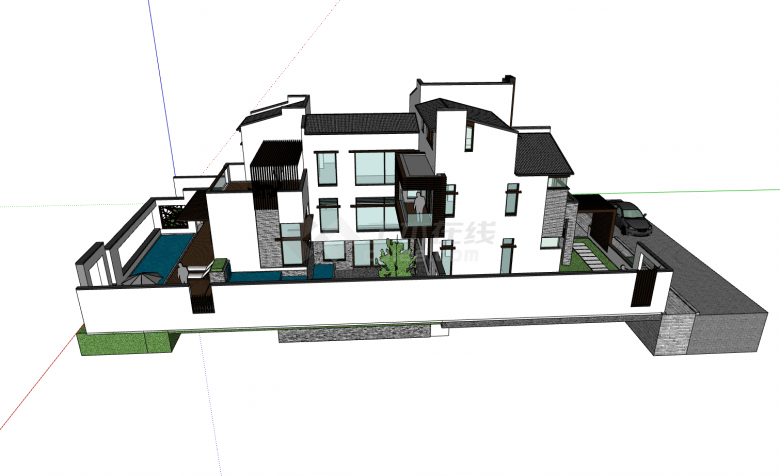 白色墙面长形泳池新中式独栋别墅su模型-图二
