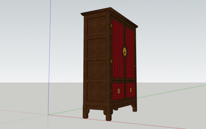 红色柜门金色拉环中式实木柜su模型_图1