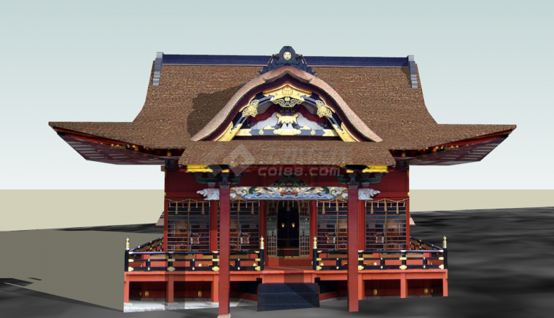 现代大型红色的日本古建筑su模型-图一