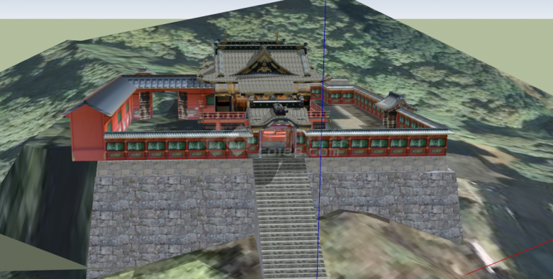 日本古建筑红色围墙su模型-图二