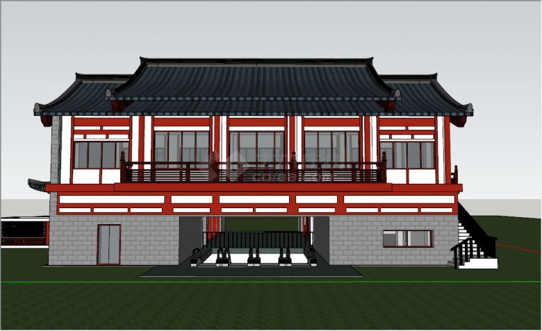 中式古典红色白色墙面寺庙su模型-图一