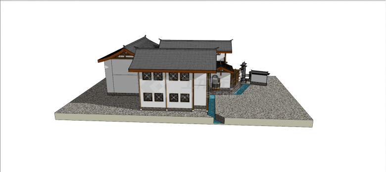 中式两层口字形住宅su模型-图二