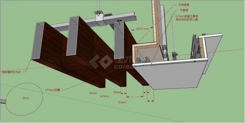 精致的铝格栅吊顶与石膏板细部节点su模型-图二
