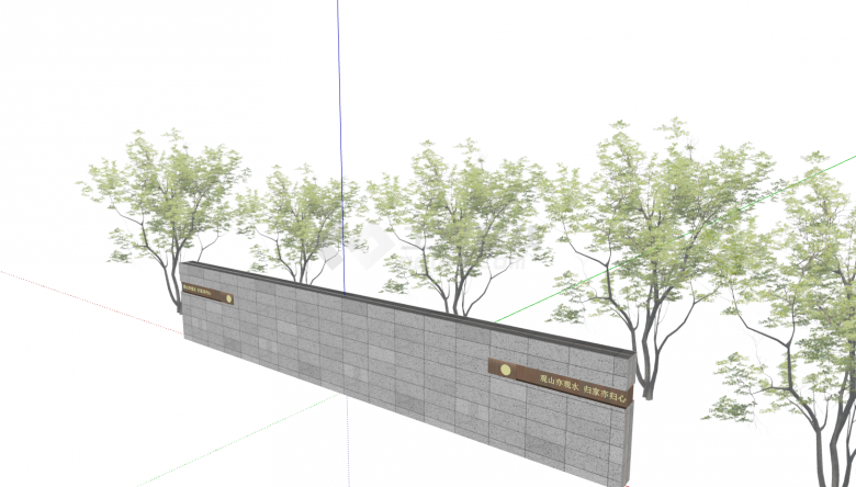 一面灰色的墙带有茂密树木的现代景墙 su模型-图二