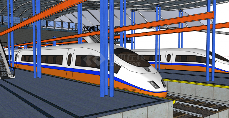 火车白蓝橙拼色外观su模型-图二