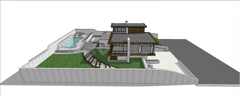 现代禅意风两层带水池庭院灰色墙体民宿su模型-图二