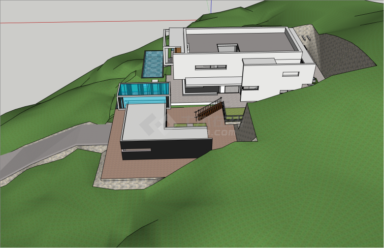 依山独特现代风格别墅庭院su模型-图一