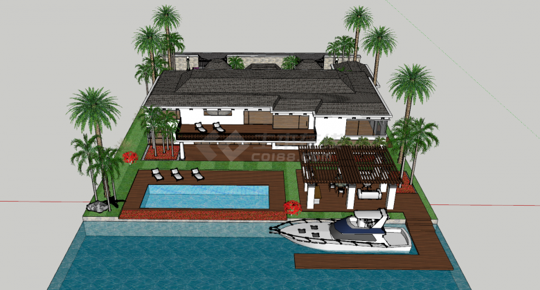 现代豪华带泳池的庭院住宅su模型-图二