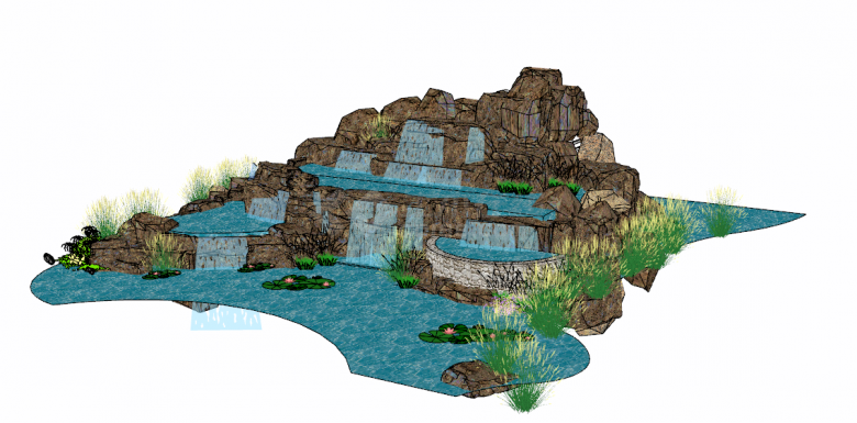 新中式秀丽瀑布莲池假山置石叠水su模型-图二