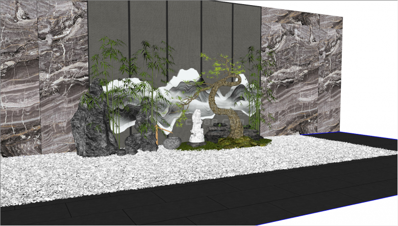 带有大理石花纹墙壁假山竹林鹅卵石的新中式景观 su模型-图二