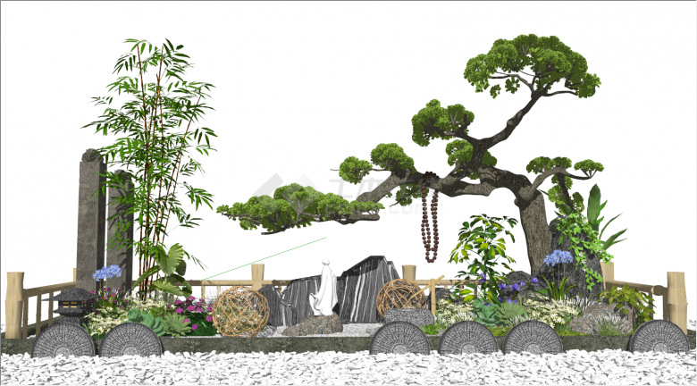 带有鲜花石磨柱子佛珠的新中式景观su模型-图二