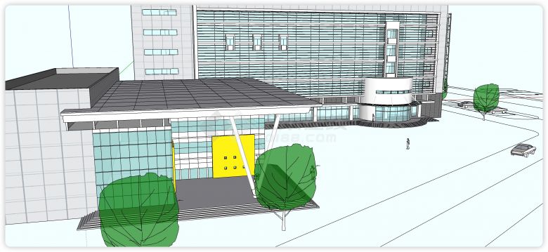 钢结构白色弧形造型办公楼su模型-图二