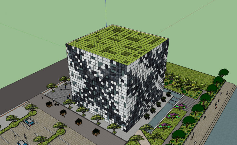 顶面为绿色的马赛克魔方办公大楼su模型-图一