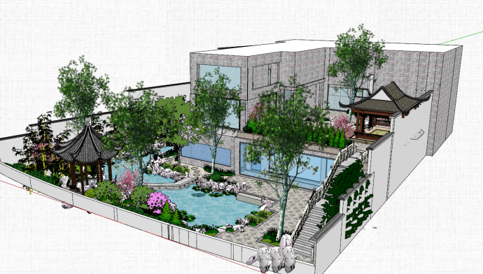 新中式美轮美奂精致庭院景观su模型_图1