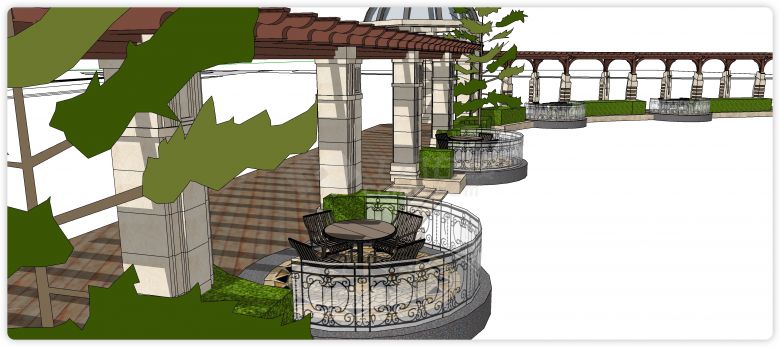 弧形欧式带圆形小露台廊架su模型-图一