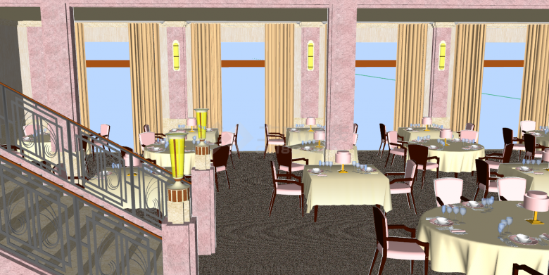 粉色宴会餐厅餐饮空间su模型-图二