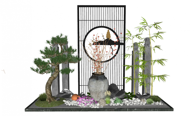庭院竹子盆栽石柱组合景观su模型-图一