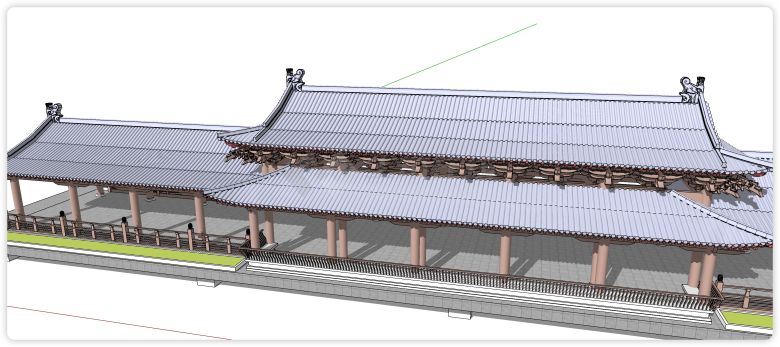 豆沙色圆柱结构中式廊桥su模型-图二