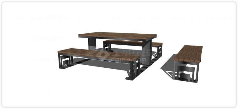 钢结构一体木方块桌面石桌石凳su模型-图一