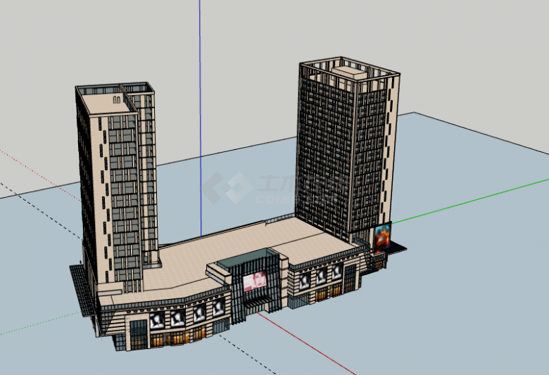 带大厦对立两栋相连的商业西立面su模型-图二
