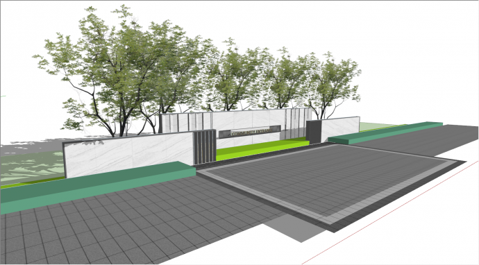 灰色花纹隔断的带有绿植树的小区景墙su模型_图1