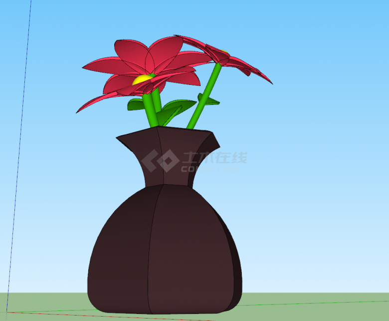 深棕色木制花瓶小红花室内植物su模型-图一