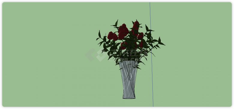 宽口水晶花瓶红色玫瑰室内植物su模型-图二
