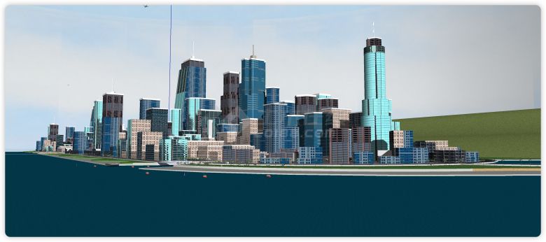 长形地形半圆江边城市规划商业综合体建筑SU模型-图一
