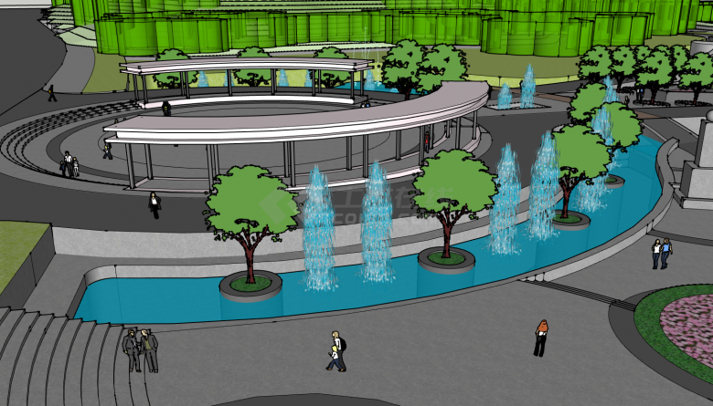 圆形广场水池喷泉树海花池园林广场公园su模型-图二
