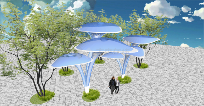 后现代蓝色大型蘑菇廊架构筑物su模型-图二