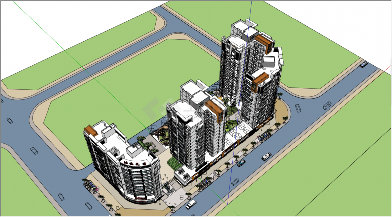 绿化和商业街的现代风格住宅规划设计精模su模型-图二
