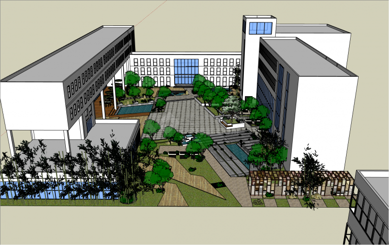 带水池新中式风格建筑内庭景观sketchupsu模型-图二