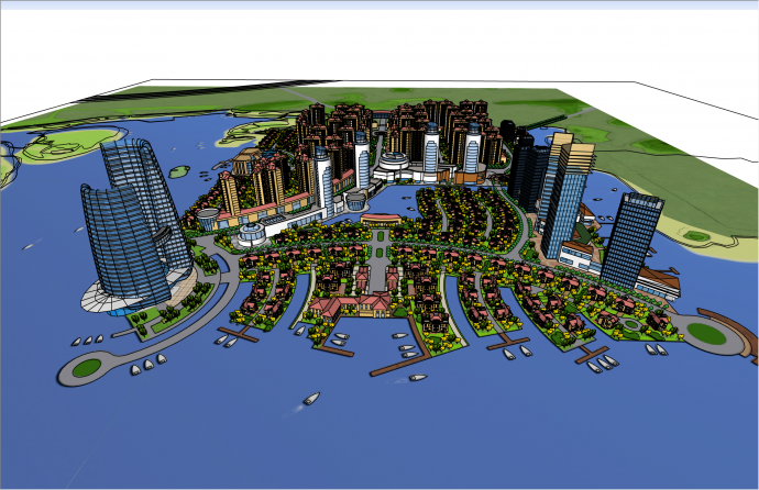 超大规模临河住宅区及商业楼整体概念规划su模型_图1