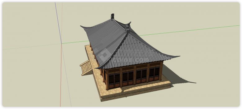 灰色四角飞檐木结构古建筑su模型-图二