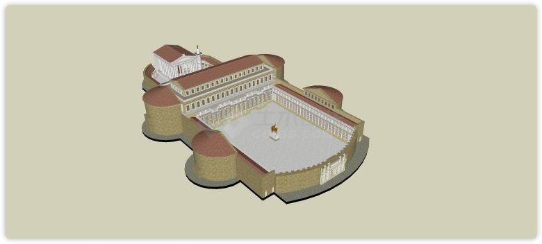 黄色围墙半圆柱体造型建筑古罗马建筑su模型-图一