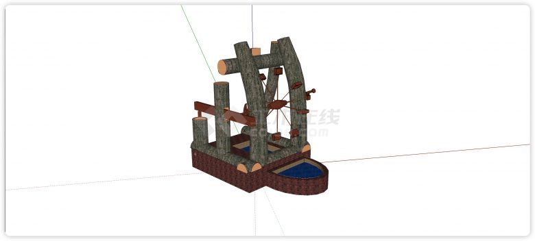 原木结构造型景观水车su模型-图一