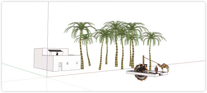 椰林骆驼水车白色房子su模型_图1