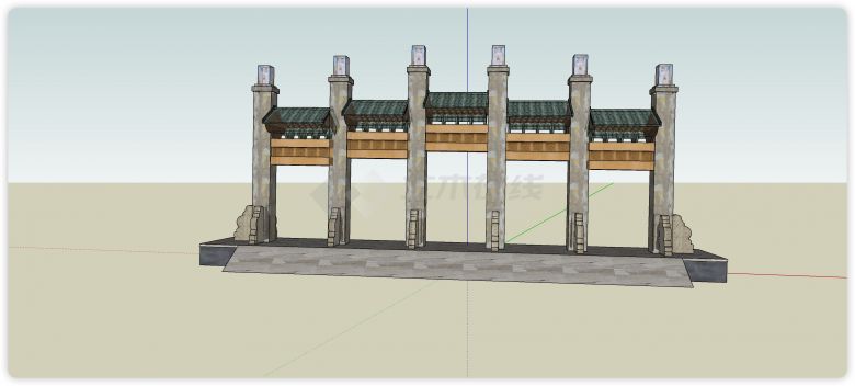 五门洞斑斓表面柱体结构牌坊su模型-图一