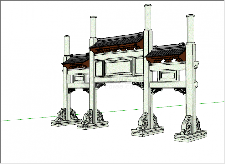 中式经典马头墙白色石雕牌坊su模型-图二