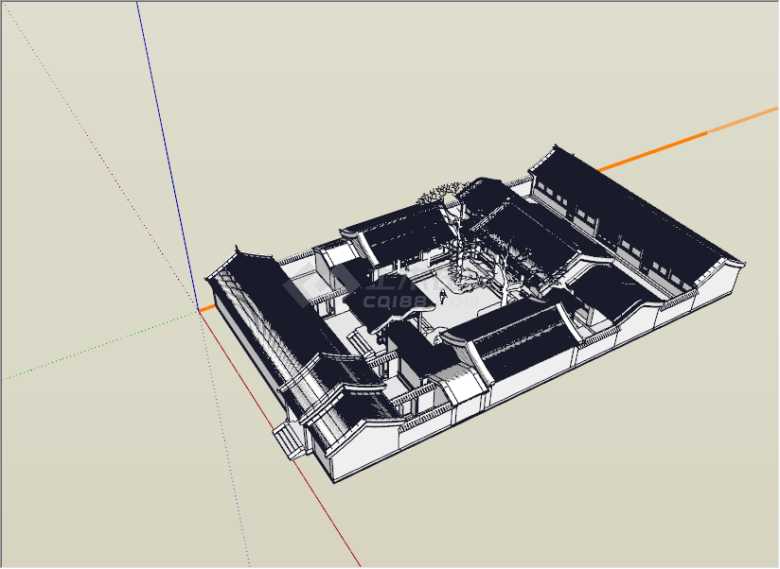 中式风格黑白坡屋顶四合院su模型-图二