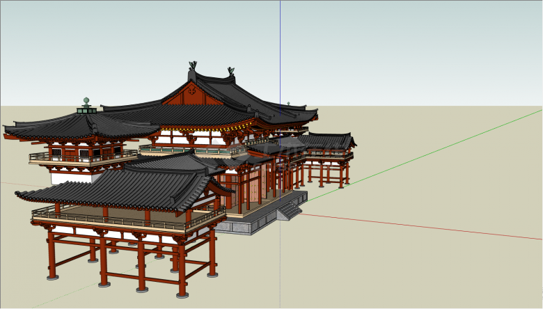 带有红色的柱子灰色的顶子的中式建筑su模型-图二