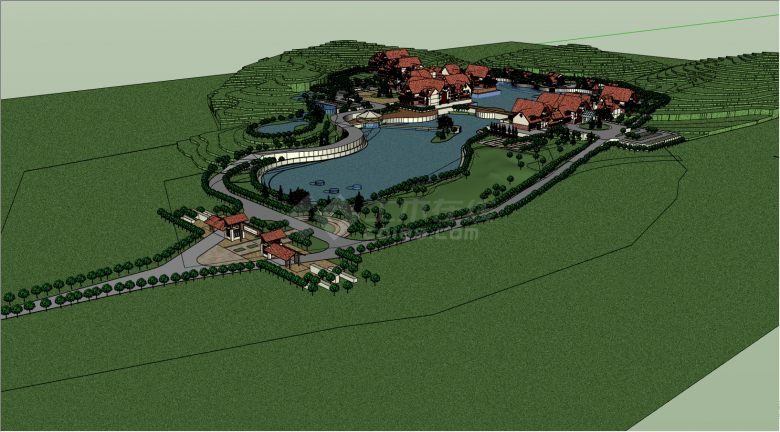 带有人工湖草坪树木的别墅度假中心su模型-图二
