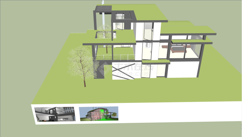 绿色屋顶白色玻璃别墅su模型-图一